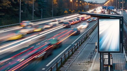 Highway bus stop adorned with an ultra-wide vertical billboard, cars blurred in motion.