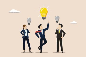 Solution expert solving problem or leader giving advise in meeting discussion, eureka moment concept, businessman with bright lightbulb.