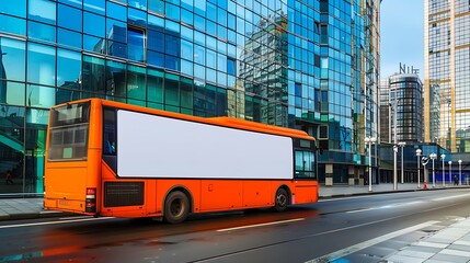 Orange bus with a blank billboard on the back, cruising past sleek and modern glass architecture.