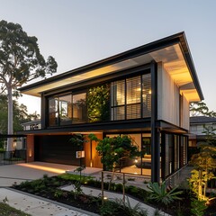 Fototapeta premium The modern, sustainable architectural features of a suburban house, focusing on green building materials and eco-friendly design.