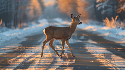 Fototapeta premium Deer run across the road in the early morning or evening
