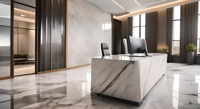 Modern office reception room with marble computer desk