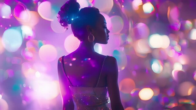 A holographic image of a model in a holographic mini skirt and crop top with a holographic cityscape in the background.