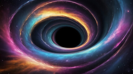 Obraz premium An Abstract colorful space theme spiral background with a black hole in the center, abstract image of wormhole or space time tunnel concept 