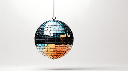 Fototapeta premium A hanging disco ball on a white plain background with copy space and isolation, simple party concept 