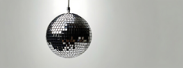 Obraz premium A hanging disco ball on a white plain background with copy space and isolation, simple party concept 