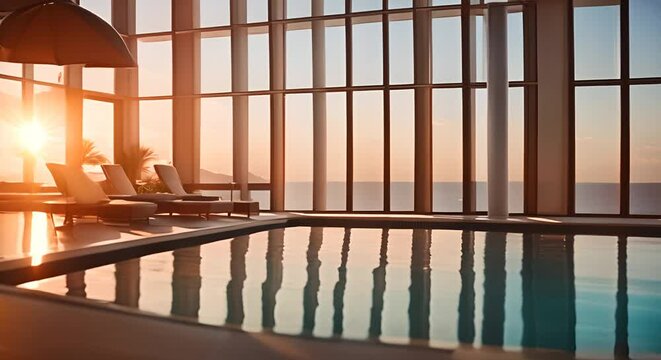 A modern luxury hotel room with a swimming pool