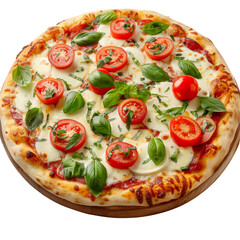 Gourmet Pizza with Mozzarella, Tomatoes, and Basil Isolated on Transparent or White Background, PNG