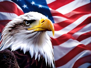 Naklejka premium Eagle With American Flag Flies In Freedom, the national symbol of the USA, North American Bald Eagle on American flag backgrounds, copy space.