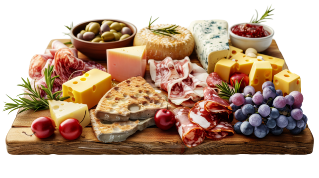 Cheese and Charcuterie Board Isolated on Transparent or White Background, PNG