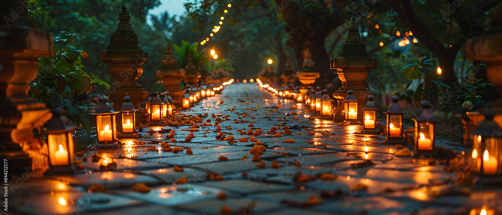 Wall mural a pathway lit by rows of oil lamps for eid-al-adha celebration.