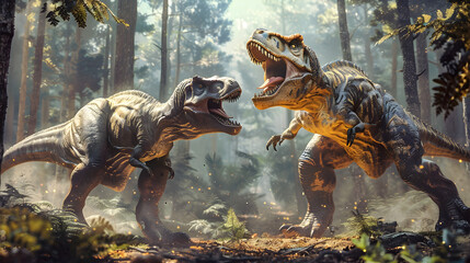Two Dinosaurs Fighting in a Forest Photorealistic 3D Art