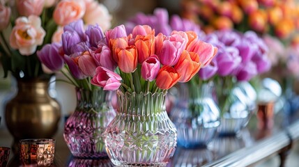 A beautiful arrangement of tulips in a glass vase. The tulips are of various colors, including pink, purple, and yellow. The vase is sitting on a wooden table.