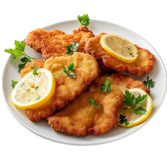 German Schnitzel with Lemon and Parsley Isolated on Transparent or White Background, PNG