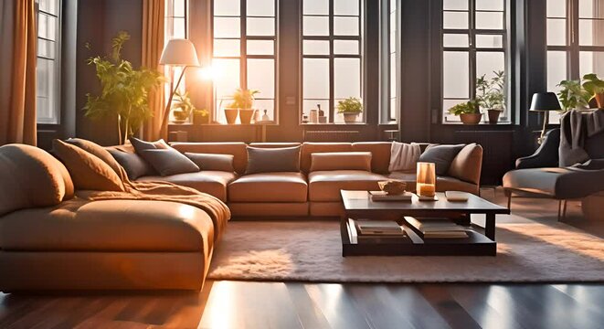 Warm living room interior with comfortable sofa and table