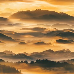 Obraz premium Panoramic view of a mountain range bathed in the golden glow of sunrise, valleys filled with mist, perfect for travel and nature photography