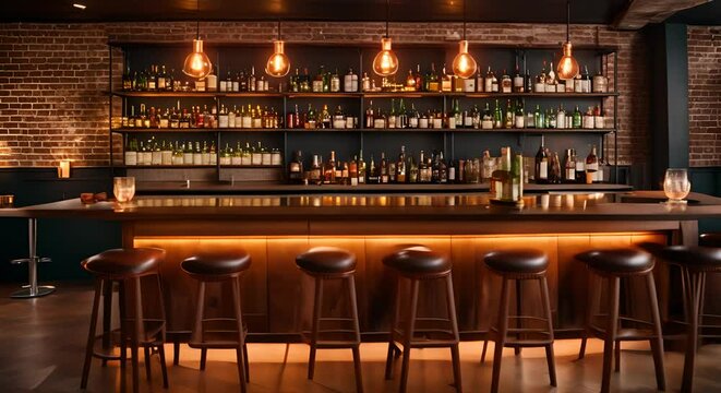 Modern bar interior with wooden tables and brick walls in an industrial style