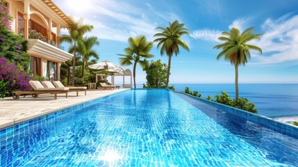 hotel villa swimming pool with beach sea panorama view