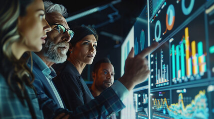 A group of confident business people are analyzing market data, balance sheets, accounts, and net profits by pointing to graphs and charts.
