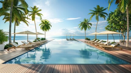 hotel villa swimming pool with beach sea panorama view