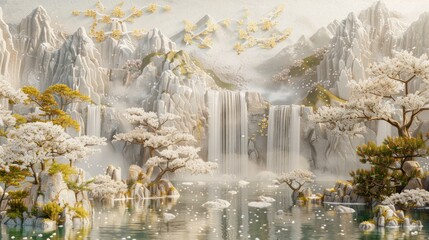 The concrete wall is adorned with volumetric stucco molding featuring golden elements, depicting a serene Japanese landscape complete with waterfalls, mountains, and blossoming sakura trees.