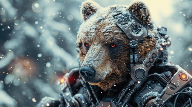 angry bear cyborg robot winter snow ice background technology digital. ai generated image