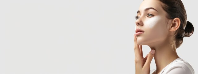 Fototapeta premium Beautiful woman touching her face with beautiful skin, young girl model touching neck, spa or cosmetics advertisement, beauty concept, cosmetic concept, skin medical beauty concept