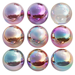 3D Iridescent Sphere Shapes Set Isolated on Transparent or White Background, PNG