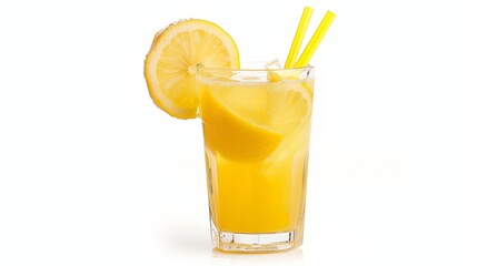 A glass of homemade lemonade garnished with a slice of lemon and a straw, set on a white...