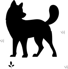 Black silhouette of a dog on a white background. The husky breed.
