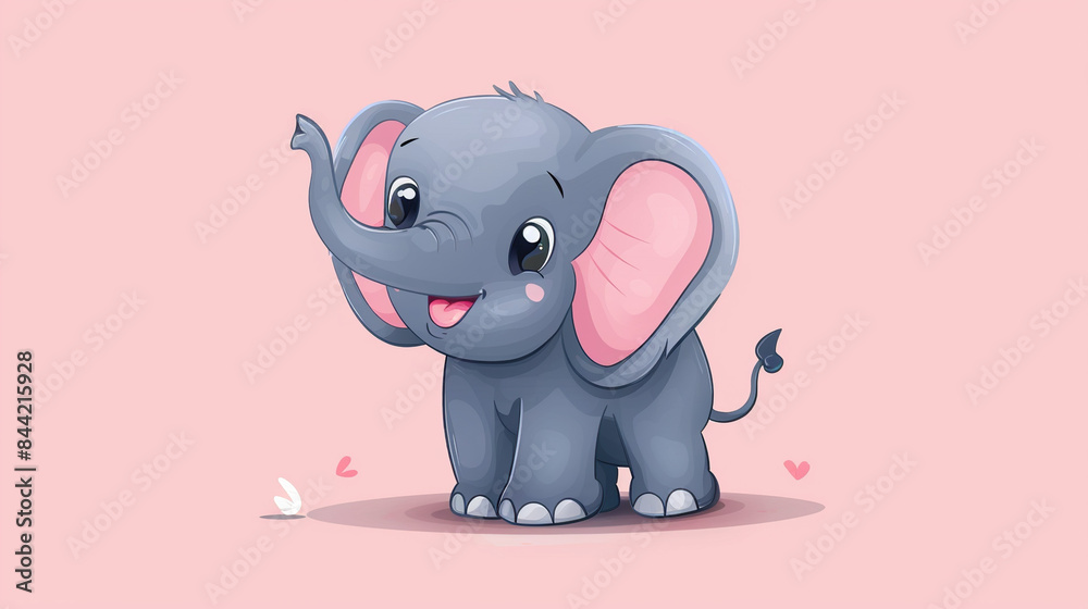 Wall mural Happy Cartoon Elephant clipart with a raised trunk on isolate pink background