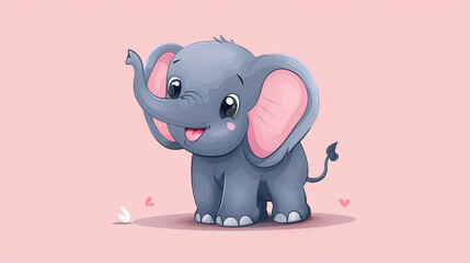 Fototapeta premium Happy Cartoon Elephant clipart with a raised trunk on isolate pink background