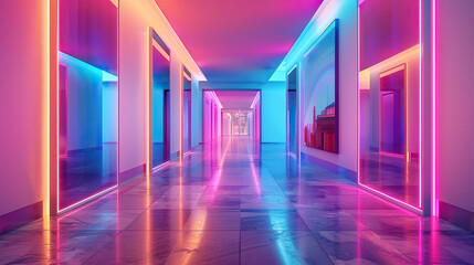 Fototapeta premium I imagine a dark corridor in a room, illuminated by faint light from a distant source The hallway stretches into the distance, its walls lined with closed doors, creating an eerie yet intriguing atmos