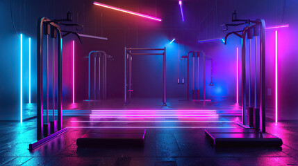 Neon-lit gym with futuristic exercise equipment