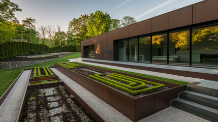 Modern luxury suburban house with deep bronze walls and framed glass windows, highlighted by a garden with terraced stone beds.