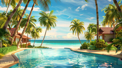 I can imagine an image based on your request: a serene pool nestled among tropical trees overlooking the sea