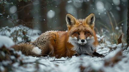 Fototapeta premium Fox resting on snowy forest ground