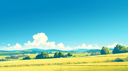 Fototapeta premium Summer Field Landscape with Blue Sky and Fluffy Clouds