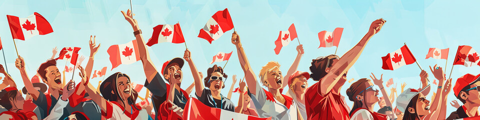 Proud Patriotism: A Multitude of People Gleefully Waving Canadian Flags. A vibrant painting captures a diverse group of individuals joyfully waving Canadian flags in celebration of Canada Day.