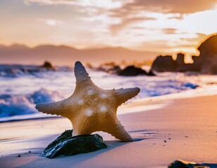 sea star on a very bright beach, with a blurred landscape background