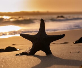 Silhouette sea star on a very bright beach, with a blurred landscape