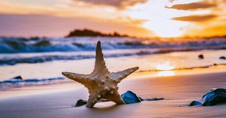 sea star on a very bright beach, with a blurred landscape in sunset
