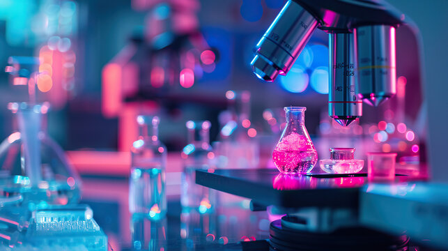 Human cell with fluorescent markers in lab setting