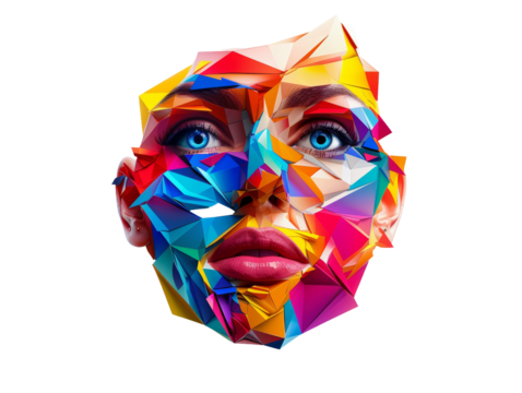 3D Colorful Geometric Faces Isolated on Transparent or White Background, PNG