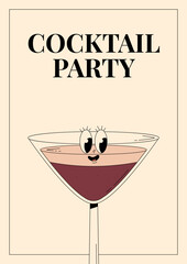Groovy character Tini espresso martini. Retro poster Cocktail party with popular alcoholic beverage. Vintage vector illustration 70s, 80s style