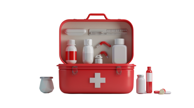 First Aid Kit Open with Medical Supplies Isolated on Transparent or White Background, PNG