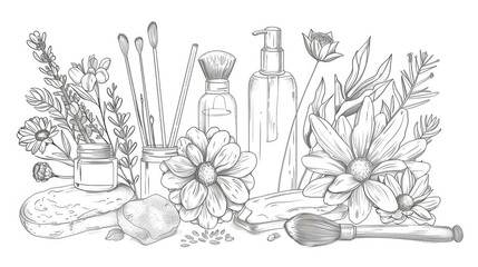 Chic line sketches of beauty essentials and mindfulness exercises for calming coloring sessions