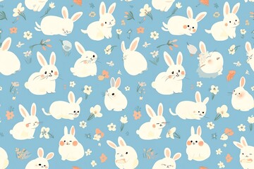 Cute white bunny rabbit pattern with pastel flowers