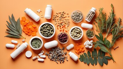 Different pills and herbs on pale orange background, flat lay. Dietary supplements