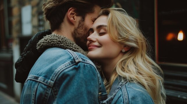 European couple in a sweet pose on a chilly day a blonde girl in a denim jacket kissing her partner indoors Photograph